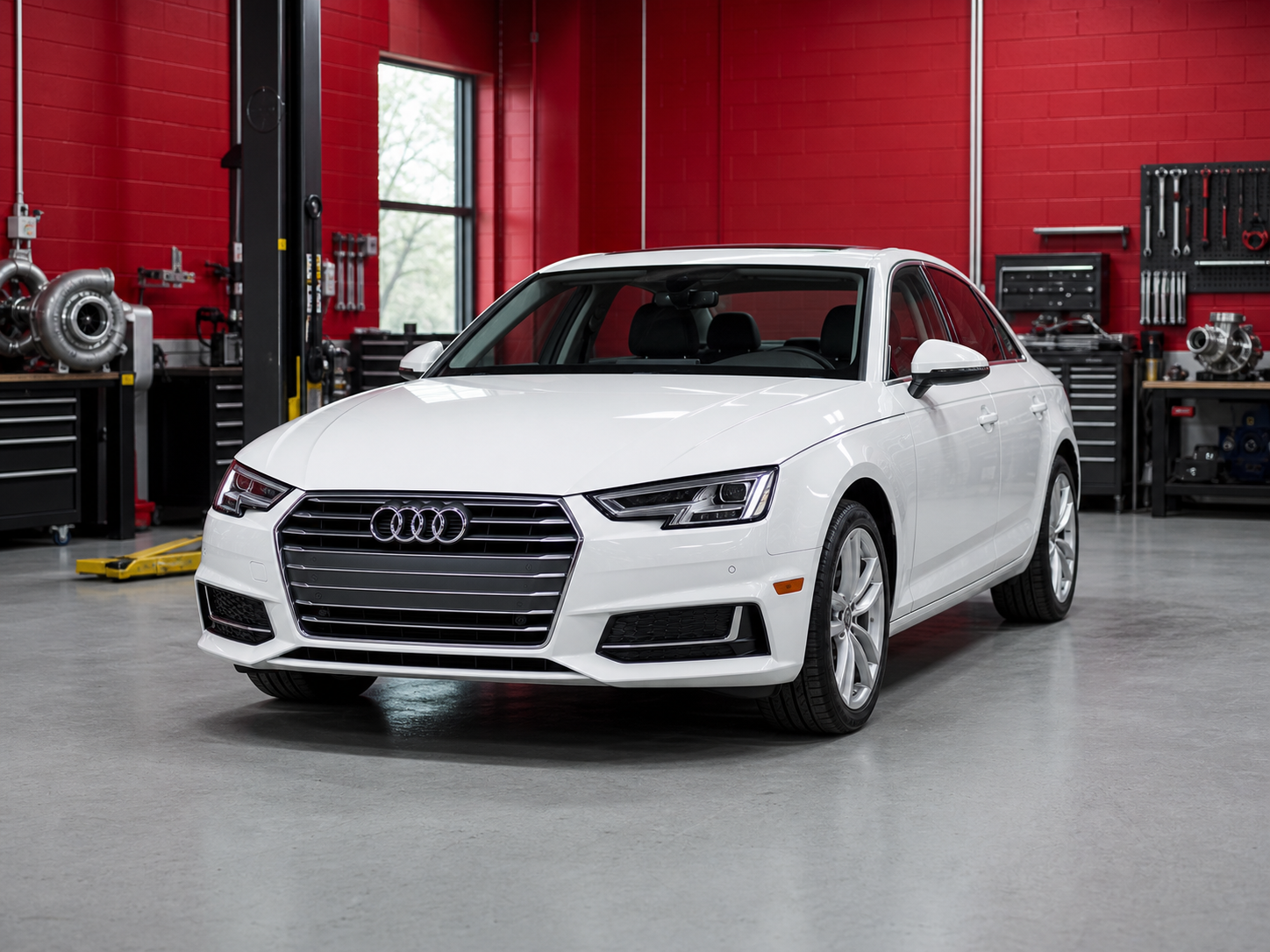Белый Audi A4 в сервисе по ремонту турбин