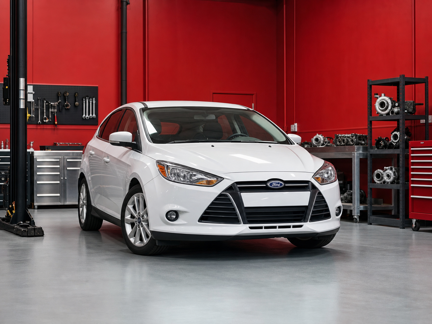 Белый Ford Focus в сервисе по ремонту турбин