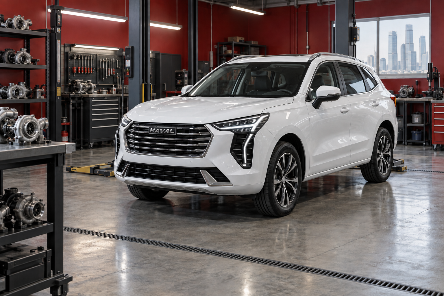 Белый Haval Jolion в сервисе по ремонту турбин