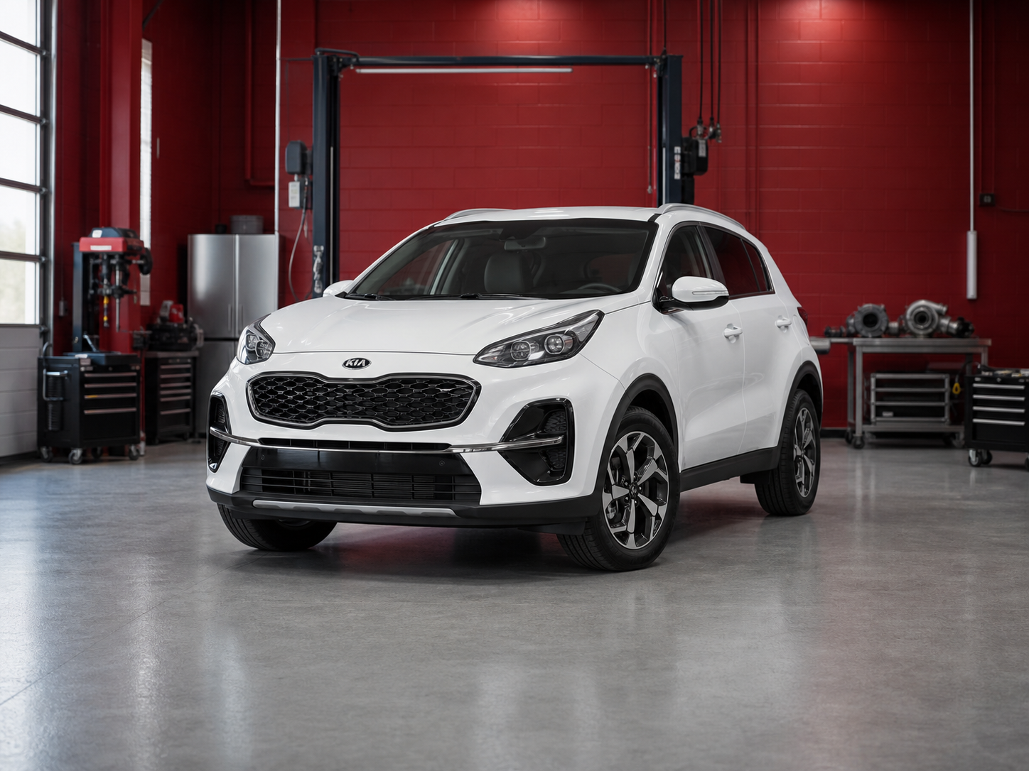 Белый KIA Sportage в сервисе по ремонту турбин