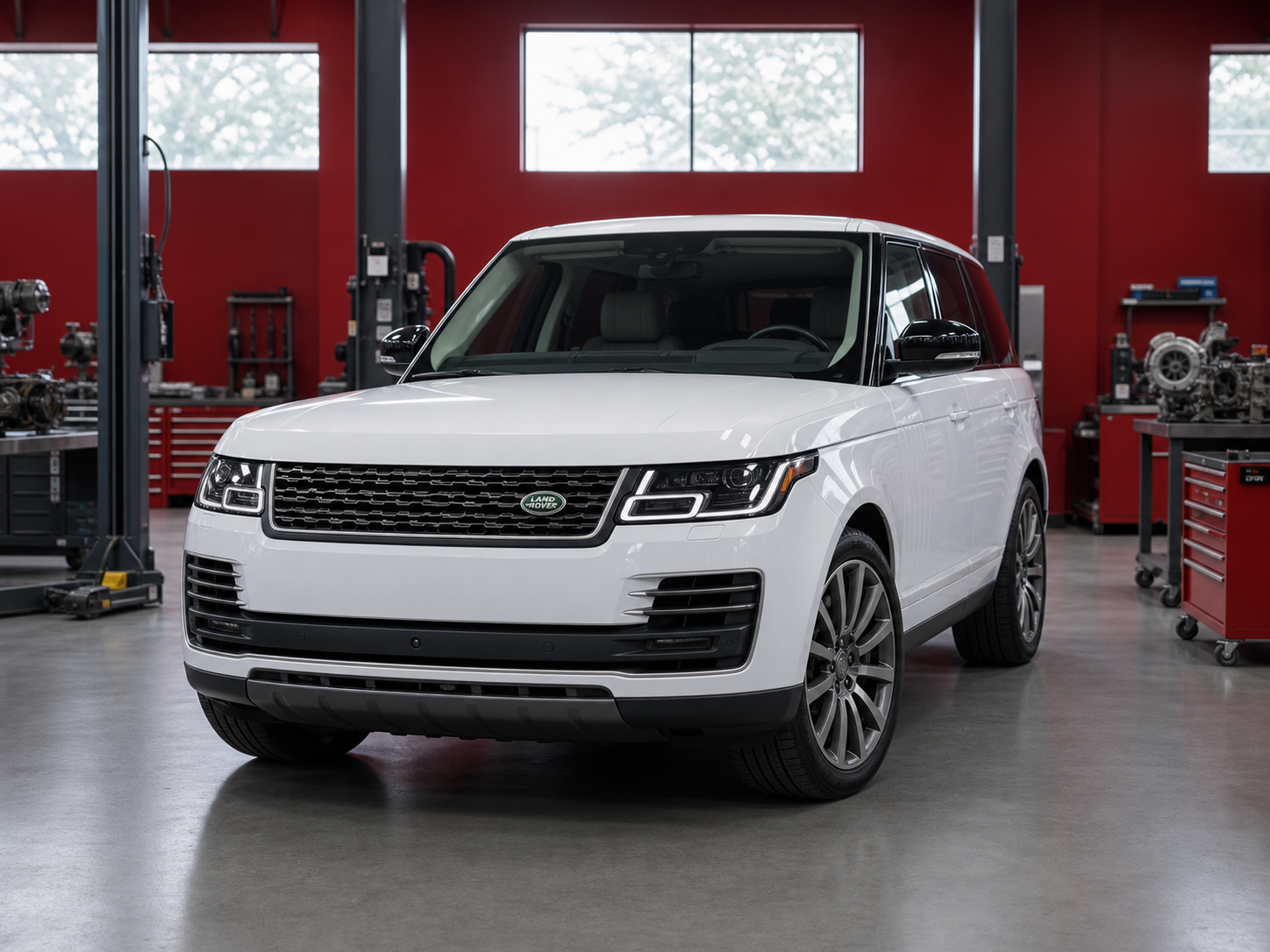Белый Land Rover Range Rover в сервисе по ремонту турбин