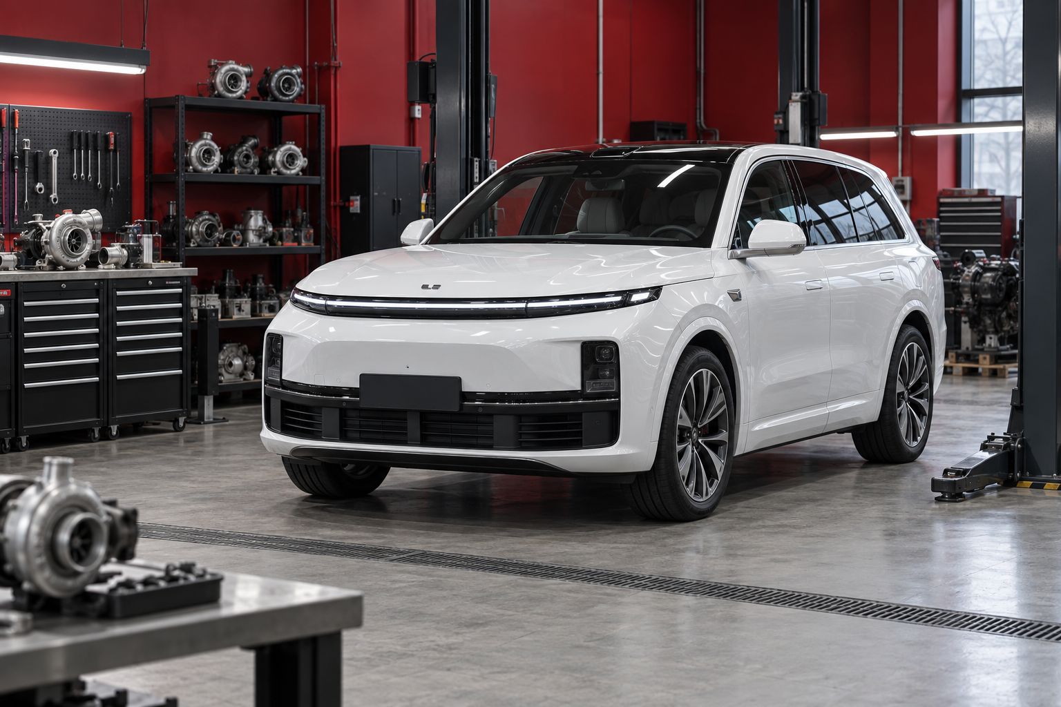 Белый Li Auto L7 в сервисе по ремонту турбин
