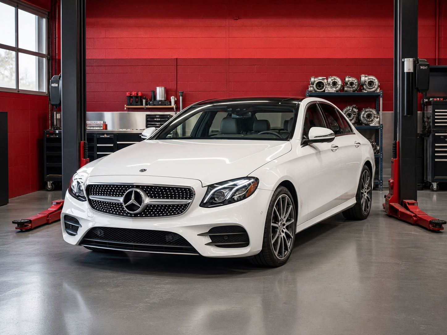 Белый Mercedes-Benz E-Class в сервисе по ремонту турбин