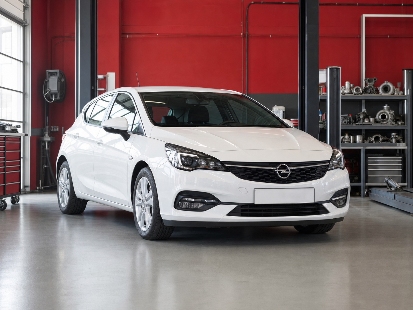 Белый Opel Astra в сервисе по ремонту турбин