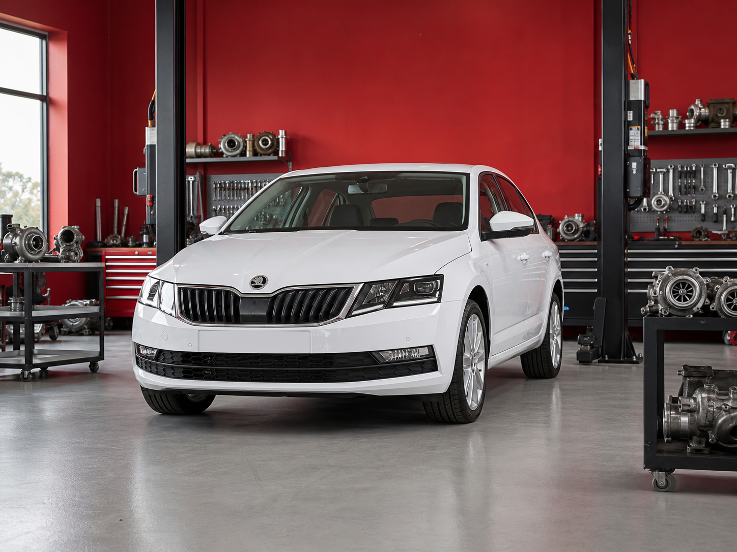 Белый Skoda Octavia в сервисе по ремонту турбин