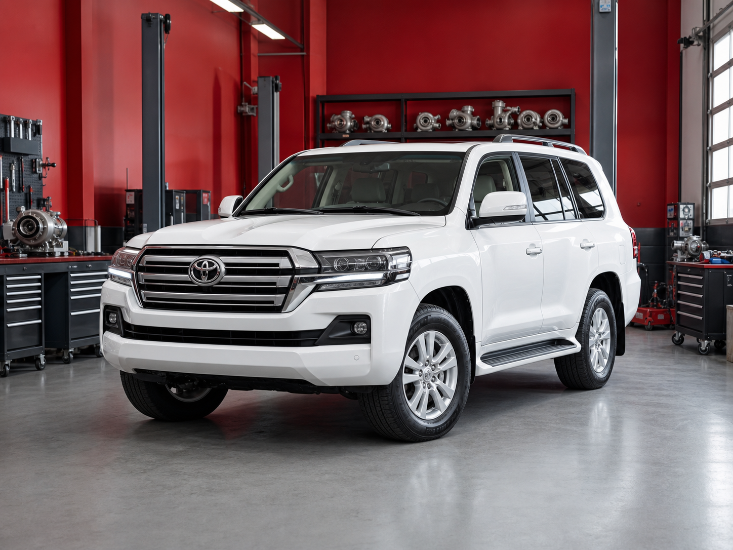 Белый Toyota Land Cruiser в сервисе по ремонту турбин